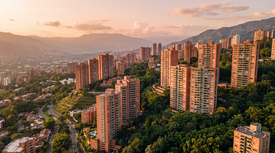 Vista aérea con dron de edificios residenciales en El Poblado, Medellín