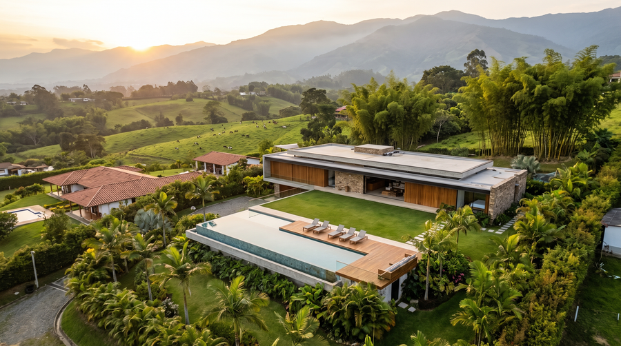 Vista aérea con dron de finca moderna con piscina en Llanogrande, Antioquia